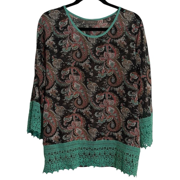 Umgee Tops - ☀️Umgee Paisley Print Semi-Sheer Blouse with Teal Crochet Detail